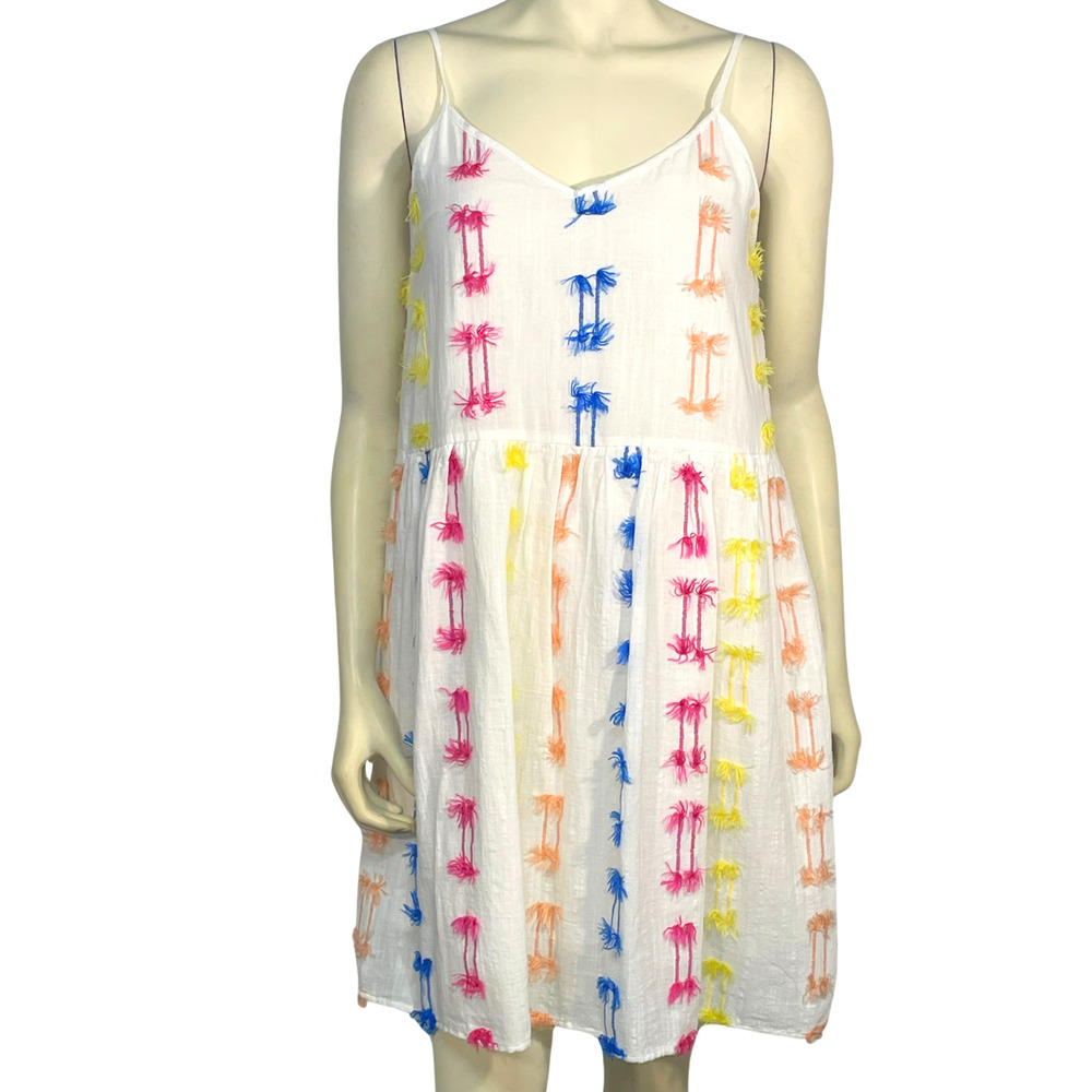 Lou & Grey for LOFT Sz M Slip Dress Spaghetti Straps White Colorful Pompoms New
